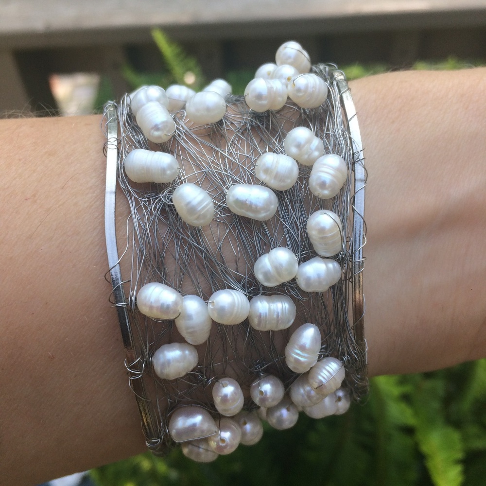 Vintage Hand Made Unique Wire Mesh/Pearl Bead Cuff